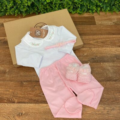 Body Gola Bordada com Calça Rosa