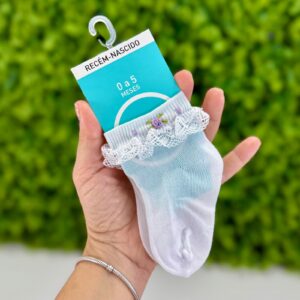 Meia Branca Bordado Rococó Lavanda