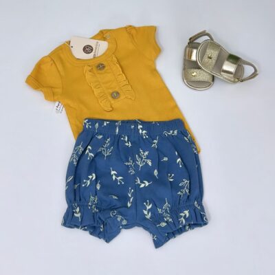 Body Lara Amarelo com Short Azul Floral