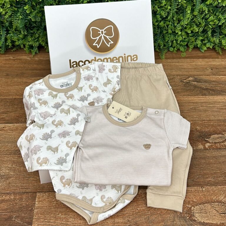 Kit Dois Bodys M/C + Calça Saruel + Bandana Dinossauros