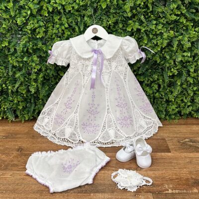 Vestido Renda Renascença Lágrima Bordado Lavanda Com Calcinha