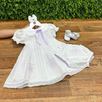 Vestido Batizado Renda Paraibana Bordado Lavanda com Calcinha