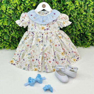 Vestido Marina Floral Golinha Xadrez Azul