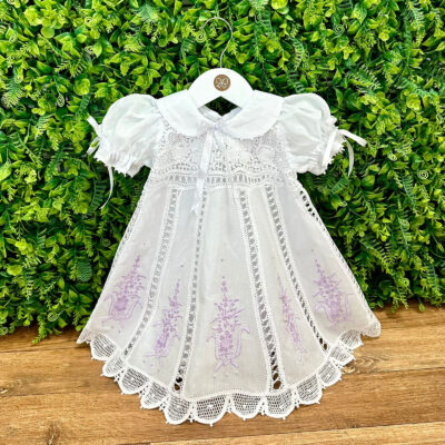 Vestido Batizado Nesga Fina Bordado Lavanda