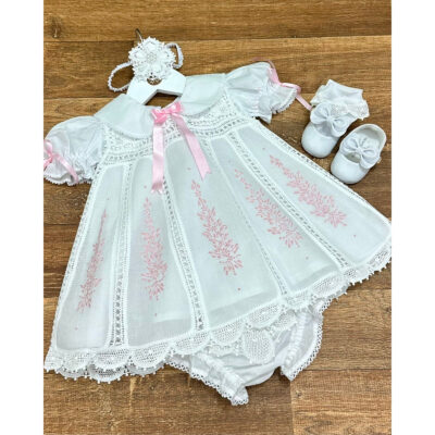 Vestido Batizado Nesga Fina Bordado Rosa