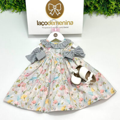 Vestido Marília Floral Golinha Xadrez Cinza