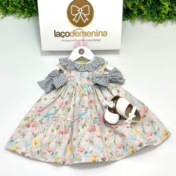 Vestido Marília Floral Golinha Xadrez Cinza
