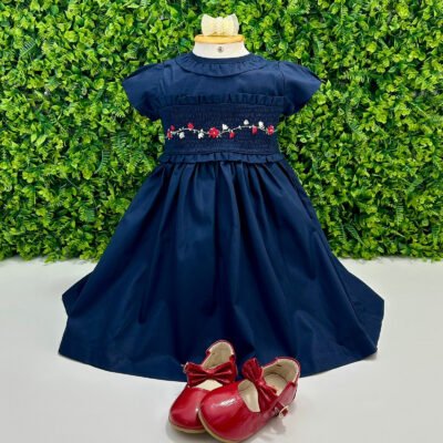 Vestido Festa Azul Marinho Bordado Jardim