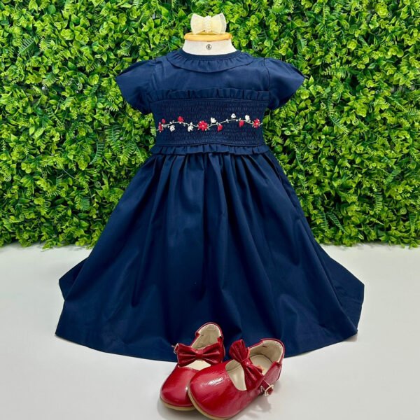 Vestido Festa Azul Marinho Bordado Jardim