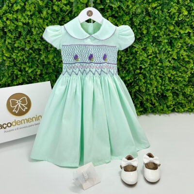 Vestido Ponto Smock Verde Bordado Lavanda