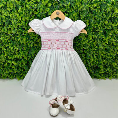 Vestido Ponto Smock Branco Bordado Rococó Rosa