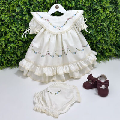 Vestido Batizado Melissa Off-White Bordado Floral com Calcinha