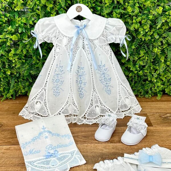 Vestido Renda Renascença Lágrima Bordado Azul