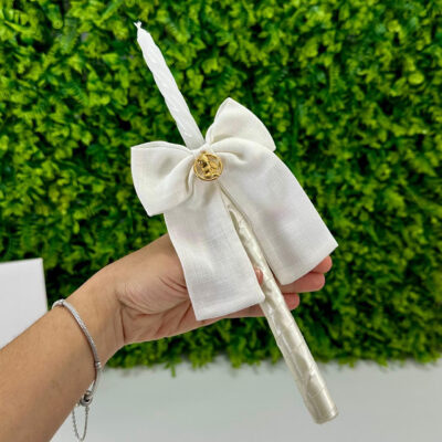 Vela de Batizado com Laço de Linho Off-White