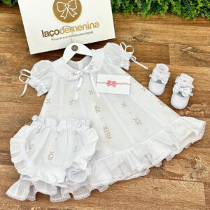 Vestido Laila Branco Bordado Manual Rosa