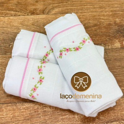 Kit Fraldas de Ombro Bordado Manual Floral Rosa