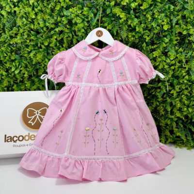 Vestido Festa Rosa Bordado Jardim