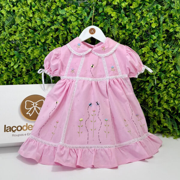 Vestido Festa Rosa Bordado Jardim