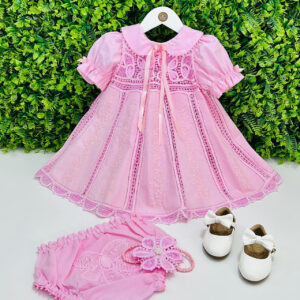 Vestido Renascença Nesga Fina Rosa com Acecssórios