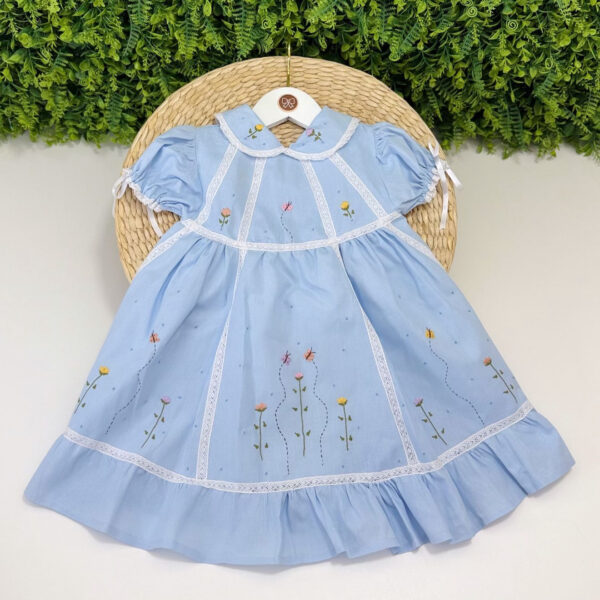 Vestido Festa Azul Claro Bordado Jardim