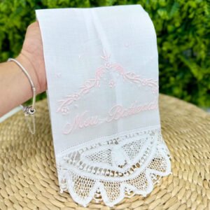 Toalha Meu Batizado Renda Renascença Rosa