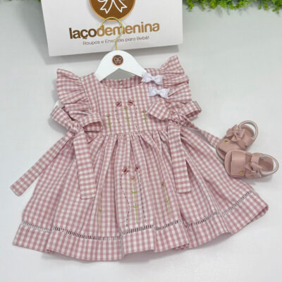 Vestido Jardim Fru-Fru Xadrez Rosa Chá
