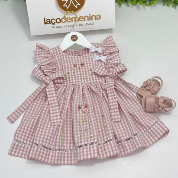 Vestido Jardim Fru-Fru Xadrez Rosa Chá