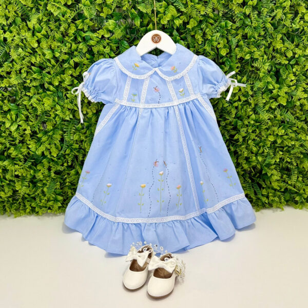 Vestido Festa Azul Claro Bordado Jardim