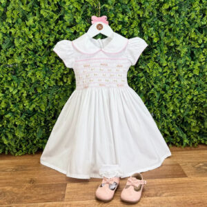 Vestido Ponto Smock Branco Rococó Rosa
