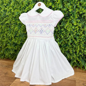 Vestido Ponto Smock Branco Bordado Rococó