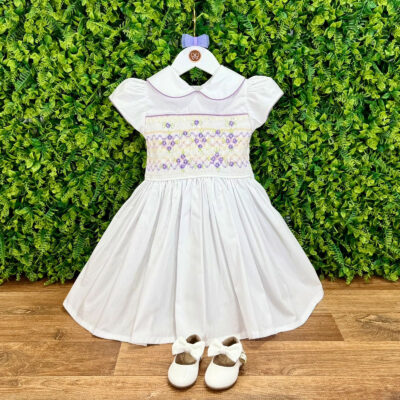 Vestido Ponto Smock Branco Bordado Lavanda