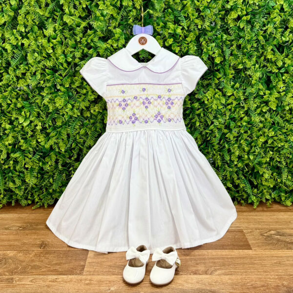 Vestido Ponto Smock Branco Bordado Lavanda
