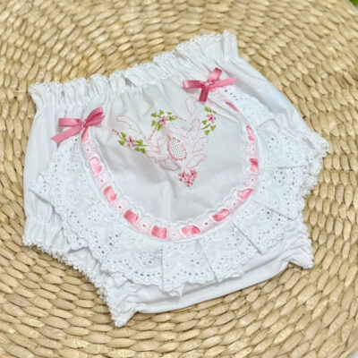 Calcinha Bico de Cambraia Bordado Rosa e Verde