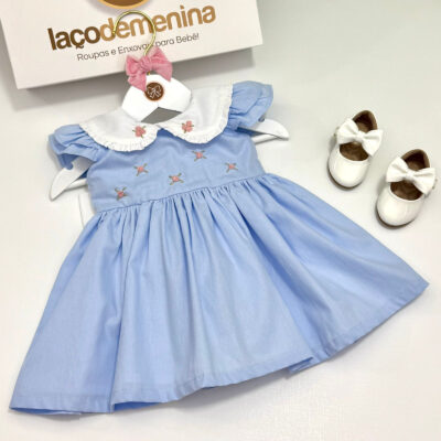 Vestido Paloma Azul Claro Bordado Rococó
