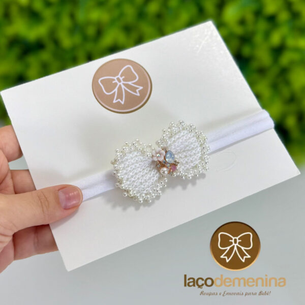 Tiara de Bebê Tricot com Pérolas e Cristais