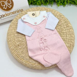Macacão Tricot Rosa com Body Bordado  Malu