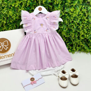 Vestido Duda Lavanda Bordado com Flores e Cogumelos