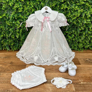 Vestido Renda Renascença Lágrima Bordado Rosa