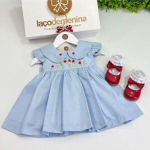 Vestido Sarah Azul Bordado Manual Flores