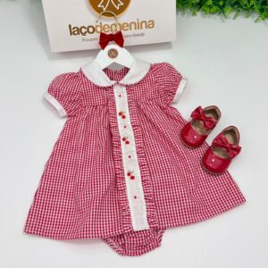 Vestido Xadrez Faixa Cerejinha Vermelho