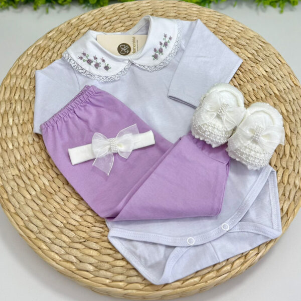 Body Bordado Rococó com Calça Lavanda