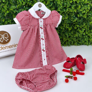 Vestido Xadrez Faixa Cerejinha Vermelho