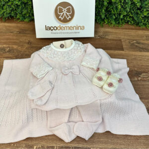 Saída Maternidade Beatriz Rosa Candy com Body Renda Off-White