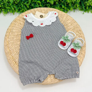 Romper Xadrez Gola Bordada Cerejinha