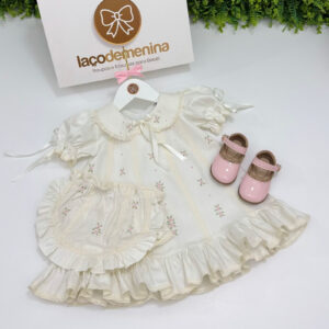 Vestido Laila Off-White Bordado Rosa