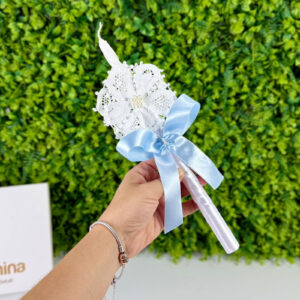 Vela de Batizado Flor de Renda Renascença Laço Azul