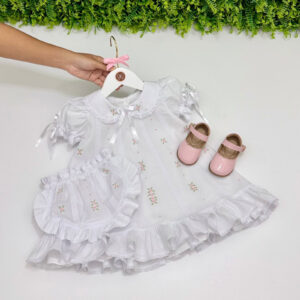 Vestido Laila Branco Bordado Manual Rosa
