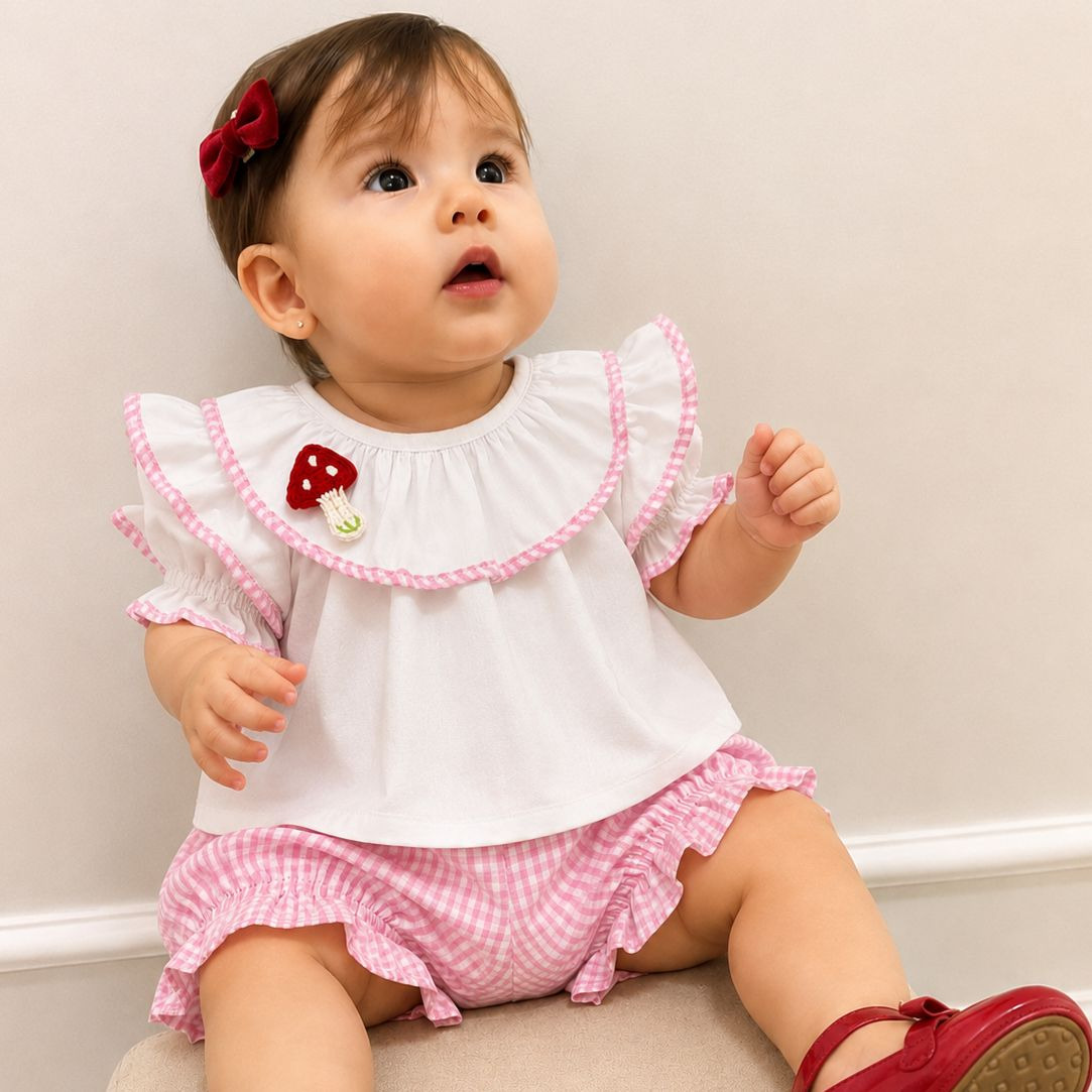 Conjunto Luiza Xadrez Rosa Cogumelo