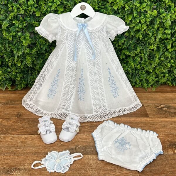 Vestido Batizado Renda Paraibana Bordado Manual Azul com Calcinha — imagem 1