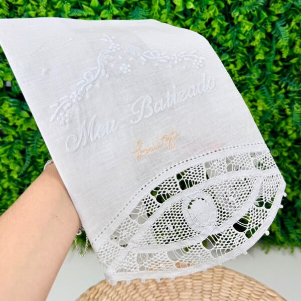 Toalha Meu Batizado Renda Renascença Branca Personalizada — imagem 1
